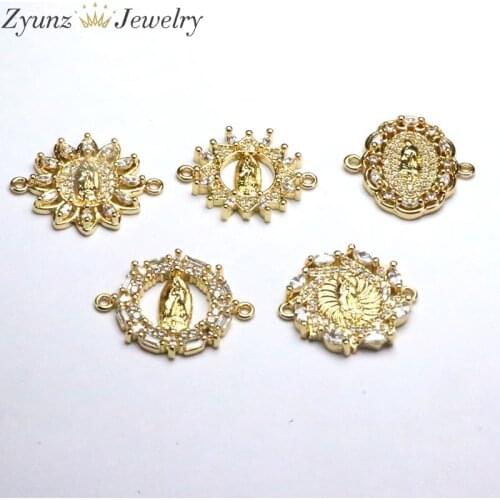 10PCS, CZ Micro Pave Gold Jesus Blessed Mother Mary Connectors, Religious Beads, Gold Plated Bracelet Jewelry Findings