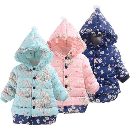 2019 Floral Hooded Girls Down Jacket Fleece Children Outerwear Long Winter Girl Clothes Thick Coats Outfit Fashion Overcoat 2-4Y