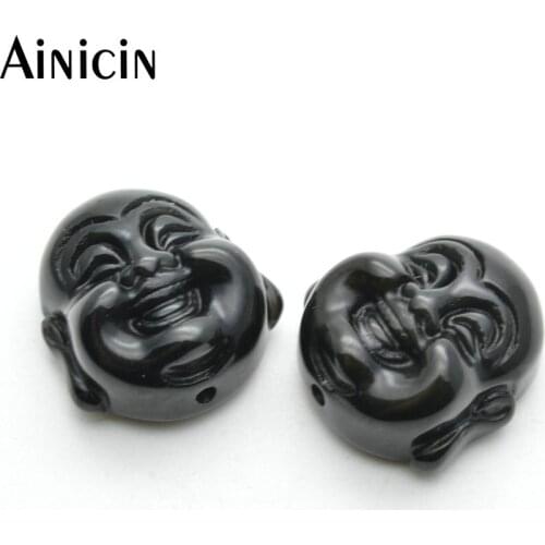 5pcs Black Color Fine Carved Laughing Buddha Head Beads 20x20mm Buddhism DIY Jewelry Making Pendants