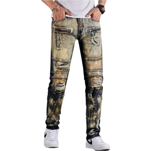 New Mens Male Fashion Casual Vintage Holes Ripped Biker Jeans Patchwork Destroyed Washed Stretch Denim Pants Slim Trousers 1934