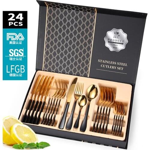 Household Stainless Steel Cutlery Knife and Fork Spoon Set Kitchen High-end Gold-plated Table Knife and Fork 24 Gift Box