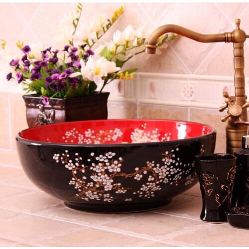 China Painting Plum Blossom Ceramic art handmade countertop ceramic antique wash basin