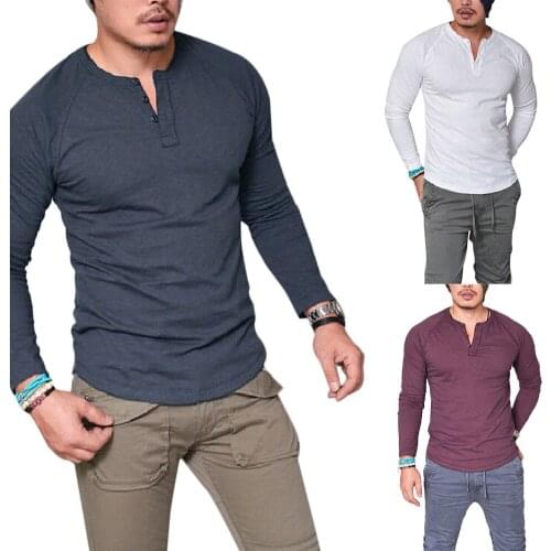 Long Sleeve Cotton Pullover Mens T-shirt Comfy Button Solid Tops