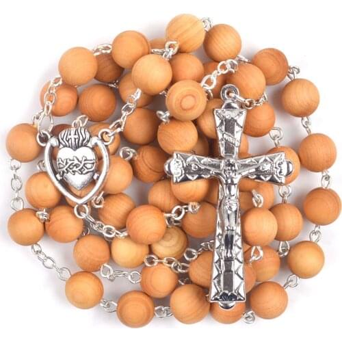 Natural Scented Wood 8mm Beads Catholic Crucifix Cross Rosary Necklace