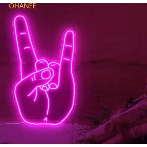 OHANEE Rock and Roll Gesture Neon Sign Led Light Custom Name Logo Personalized Decoration Wall Home Decor Birthday Gift
