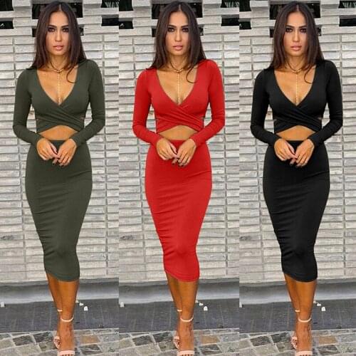 Midi Elegant Long Sleeve Dresses for Women Casual Fashion Sexy Dress Vestidos 2021 Autumn V Neck Solid New Hollow Clothes Slim