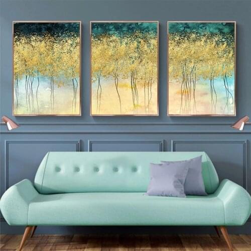 Hand Painted Abstract Gold Tree Canvas Art Painting Nordic Blue Gold Forest Posters and Prints Modern Light Luxury Home Decor