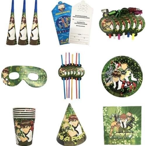 Ben 10 Theme Paper Plates Cups Flags Banner Disposable Tableware Boy Kid Birthday Party Baby Shower Decoration Supplies