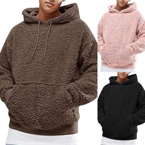 Men Autumn Winter Solid Color Thick Plush Faux Fleece Sweatshirt Hoodie Outwear