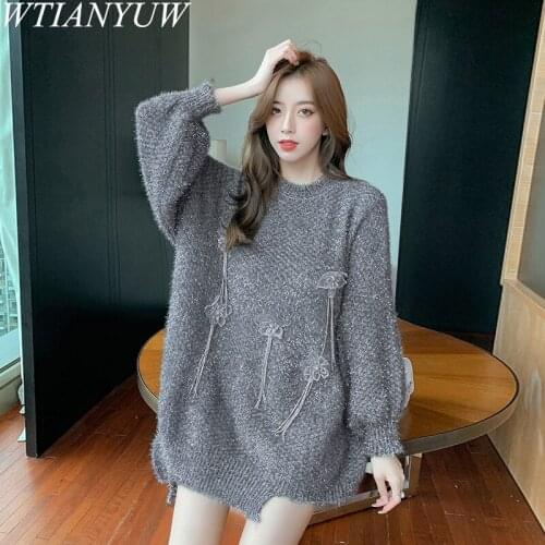High Street Autumn Winter Gray Knitted Long Knitwear Sweater Fashion Chic Women Beading Floral Thick Warm Loose Tassel Pullovers