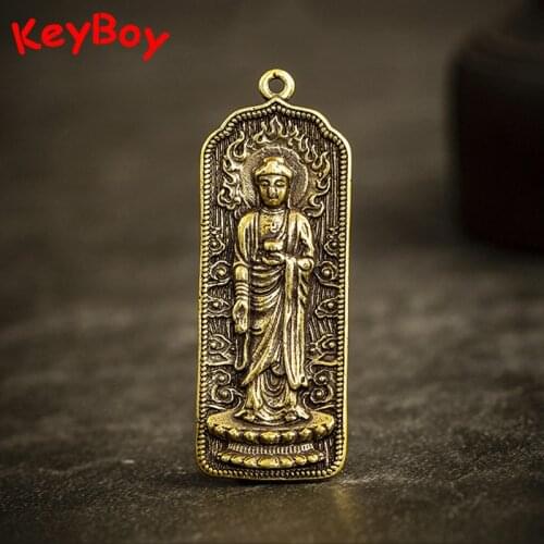 Vintage Brass Buddhism Mantra Amulet Keychain Pendant Small Bronze Buddha Tag Handbag Hanging Jewelry Car Key Rings Holder Gifts