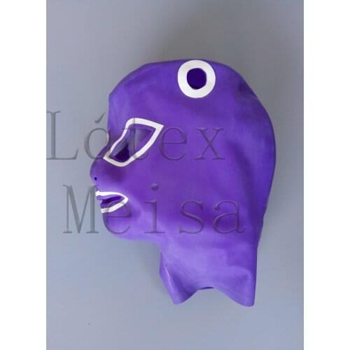Zentai latex hoods open eyes nostrils mouth and hair holes in purple color with back zip for adults