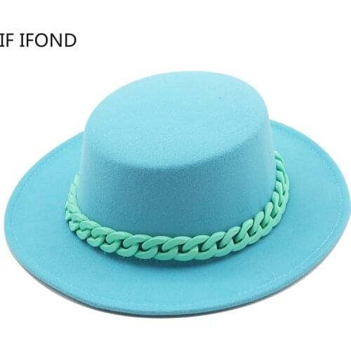 2022 Women Pork Pie Fedora Hat With Candy Color Chain Wool Felt Top Jazz Hat Floppy Derby Triby Wedding Party Hats