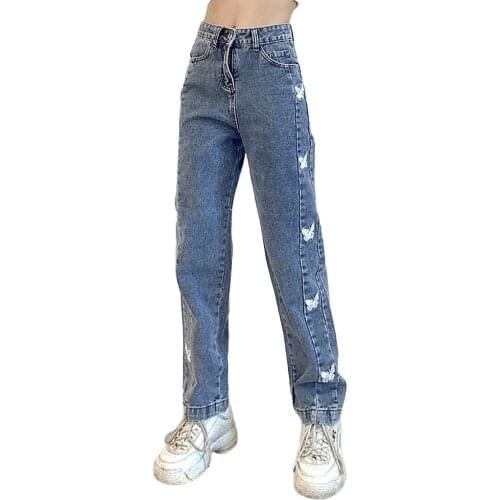 Women High Waisted Straight-leg Jeans Female Fashion Embroidered Butterfly Pattern Denim Pants Casual Loose Boyfriend Jeans