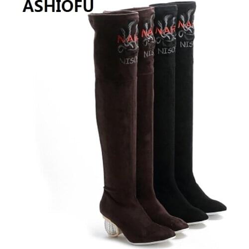 ASHIOFU Handmade New Ladies Over Knee Boots Stretch-leather Retro Party Thigh High Boots Club Fashion Evening Long Boots Shoes