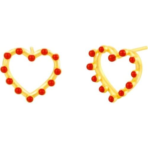 Pure 24K Yellow Gold Earrings Women 999 Gold Red Heart Stud Earrings