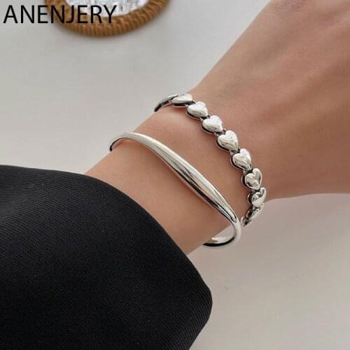 ANENJERY 925 Sterling Silver Heart Connected Bracelet For Women Simple Vintage Stitching Bracelet Niche Design Cool Jewelry