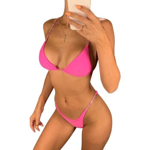 Women Split Swimsuit Set with Sequins, Deep V-neck Padded Bikini + Elastic Waist Panties for Summer