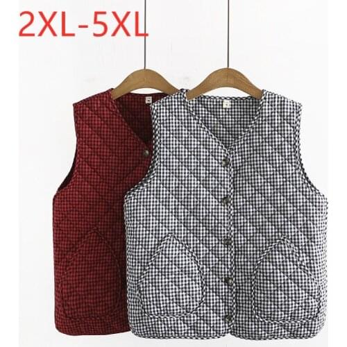 New 2021 Ladies Autumn Winter Plus Size Women Large Sleeveless Red Plaid Pocket Button Thick Vest Coat 2XL 3XL 4XL 5XL