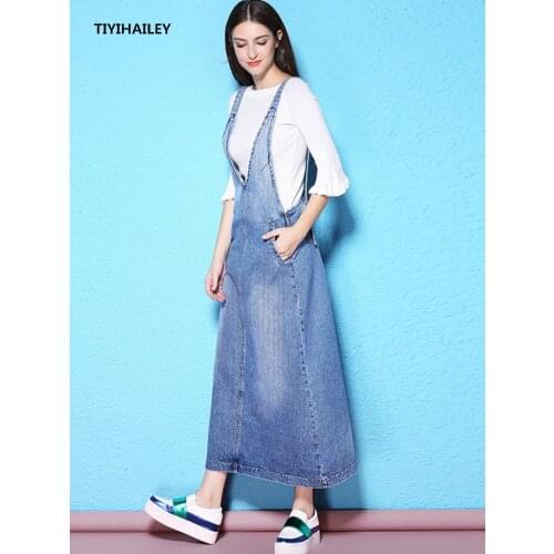 TIYIHAILEY Free Shipping Fashion Summer Sleeveless Denim Dress For Women Long Maxi M-XL Spaghetti Strap Dress Blue High Quality
