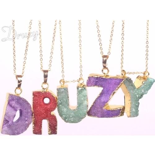 Druzy Hot Fashion Good-color Irregular Alphabet Crystal Stone Natural Quartz Druzy Onyx Letter Pendant Necklace for Women Men