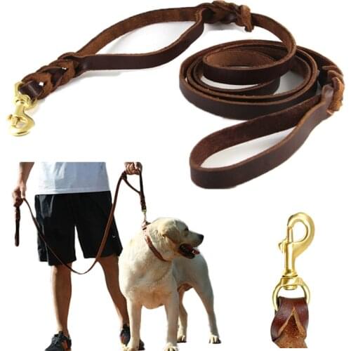 180cm Genuine Leather Dog Leash Double Handle Braided Dog Traffic Leashes Working Training Leads For Medium Large Dogs