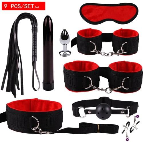 9 pcs BDSM Kits Plush Sex Bondage Set Handcuffs Vibrator butt plug Sex Games Whip Nipple Clamps Sex Toys For Couples