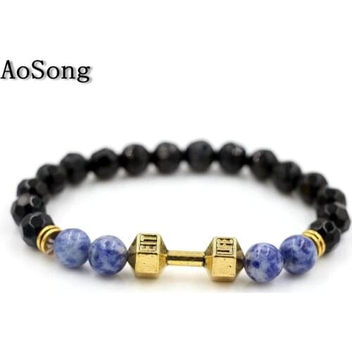 BPPCCR Multi-faceted black onyx stone 8mm Gold color Barbell Male Female Fit Life Men Dumbbell Bracelets Pulseira Feminina