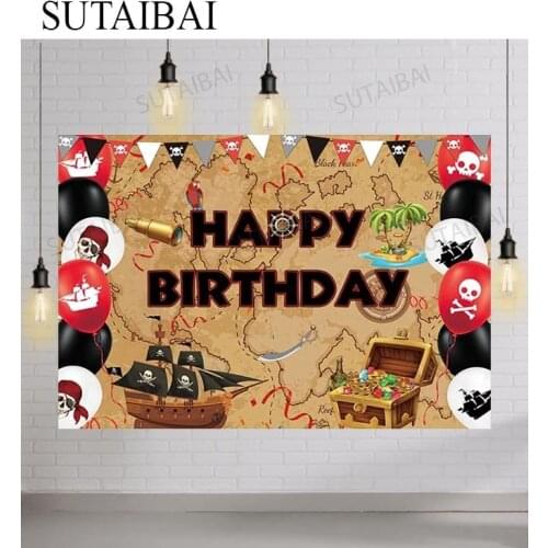 Pirate Ship Adventure Treasure Happy Birthday Party Photo Backdrops Skull Island Map Navigation Photographic Backgrounds Props