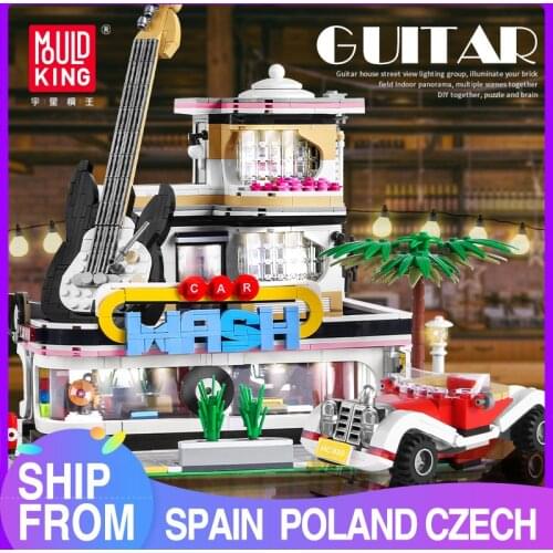 MOULD KING Streetview Building Toys Model The MOC Guitar Shop With Led Light Set Building Blocks Bricks Kids Toys Christmas Gift