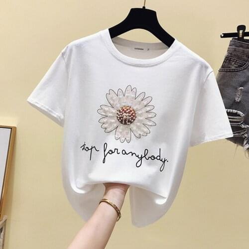 GGRIGHT 2020 Pearls Beading Cotton T-shirts Women Girls Print Casual Knitted Tees Female O-Neck Letter Tops Ladies Harajuku