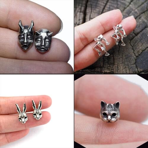 Gothic Horned Demon Baby Face Stud Earrings Vintage Devil Prajna Skull Earrings Unisex Biker Punk Evil Studs Jewelry