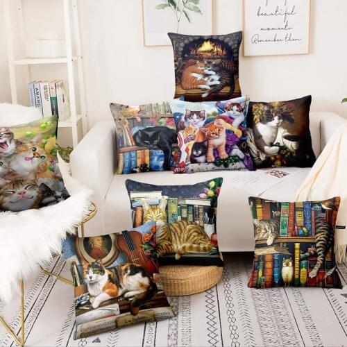 Bookshelf Cat Printed Pillowcase Home Decor Sofa Throw Pillows Decorative Pillow Almofadas Decorativas Para Sofa 17*17inch