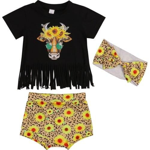 2021-04-15 Lioraitiin 0-24M Infant Baby Girl 3Pcs Set Summer Clothing Short Sleeve Shirt Sunflower Printed Shorts Headband
