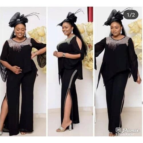 African Sets For Women New Sequined African Elastic Bazin Baggy Pants Rock Style Dashiki Batwing Sleeve Famous Suit For Lady