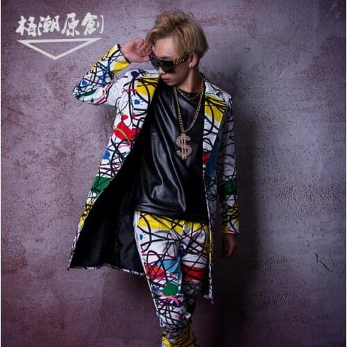 Nightclub male singer suit DSDJ fashion brand catwalk GD line printing visual long suit hairdresser bar costume jacket