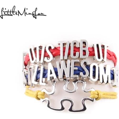 Little MingLou Autistic But Still awesome bracelet Puzzle Charm leather wrap men Awareness bracelets & bangles for Women Jewelry