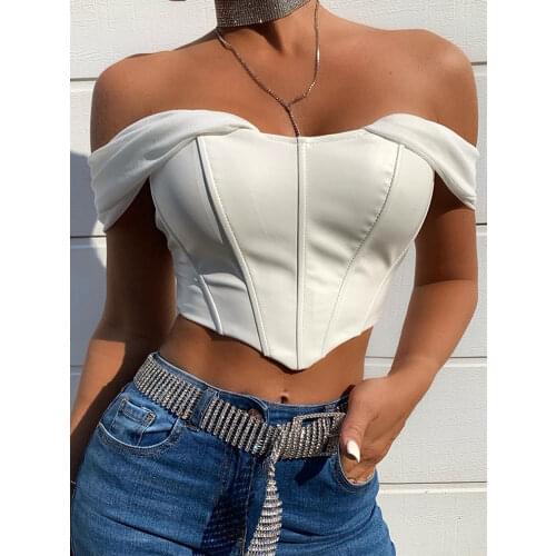 Tossy 2021 New PU Leather Sexy Corset Top Off Shoulder Clubwear Black Backless Female Tanks Tops Cropped Party Streetwear