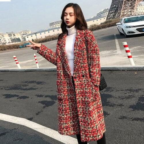 2021 Autumn Winter Coat Woolen Overcoat Women Long Plaid Blend Coat Thick Wool Cashmere Coat Tweed Jacket Warm Red Outwear 768