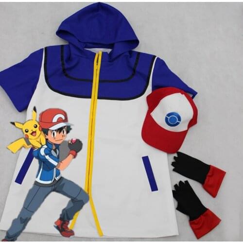 Full Set Pokemon Ash Ketchum Costume Cosplay Jacket + Gloves + Hat+Doll