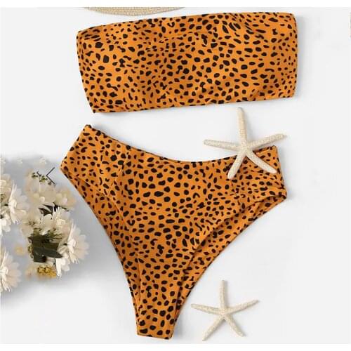 Sexy Swimwear Women Bikini Set Leopard Print Swimsuit Tube Top Two Piece Strapless High Waist High Breast Bathing Suit Women