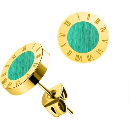 Personality Minimalist Roman Numerals Round Marble Green Titanium Steel Stud Earrings Japanese and Korean Earrings Girlfriends T