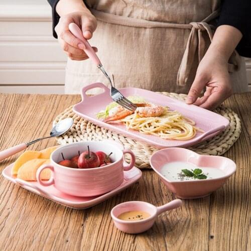 Creative Japanese Style Couple Sets Tableware Ceramics One Person Food Double Ears Plate Soup Bowl Fork Spoon Western Dishes