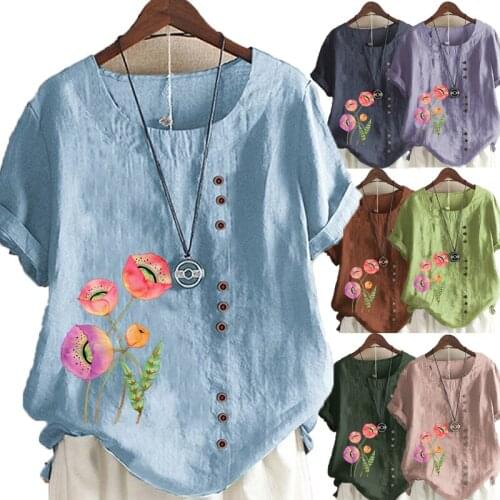 Womens Summer New Fashion Casual Linen Shirt Round Neck Floral Printing T-shirt Short Sleeve Tops Loose Blouse S-5XL