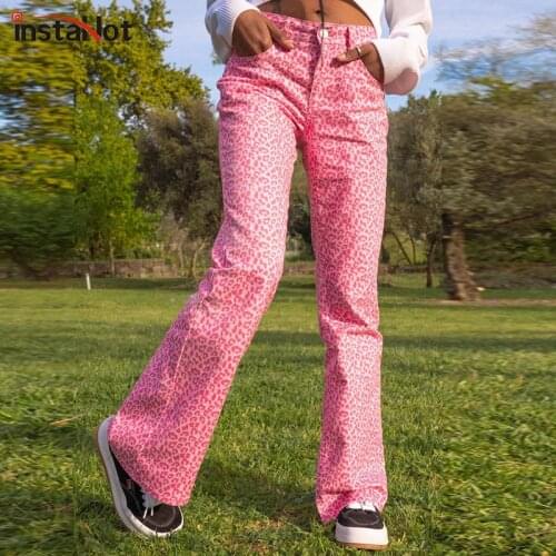 InstaHot Leopard Print Pink Casual Women Streetwear Trousers Straight Fashion Vintage Female 2021 Summer Sexy Office Lady Pants