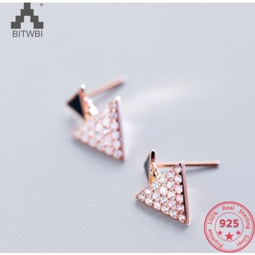 Korea Hot Style Pure 925 Sterling Silver Delicate Fashion Rose Gold Diamond Triangle Stud Earring Jewelry for Women