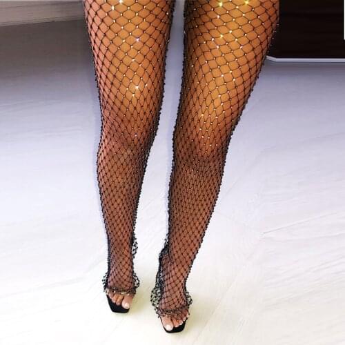 Crystal Diamond Mesh Pants Women Sexy Summer Hollow Out Transparent Loose Long Fishnet Pants 2020 New BeachWear Trousers