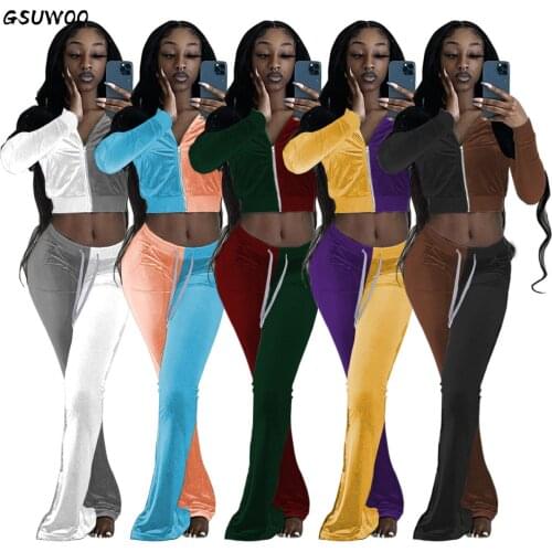 Gsuwoo Women Velvet Contrast Color Long Sleeve Jacket Flare Pants Set Casual Autumn Patchwork Tracksuit Outfits Two Pieces Suit