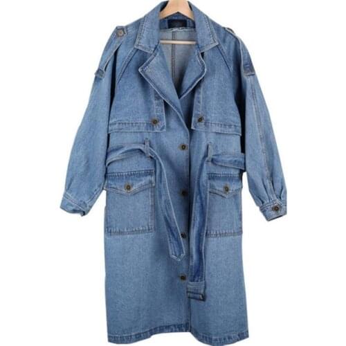 Spring Autumn Loose Denim Windbreak Women Personality Jeans Trench Coat Long Sleeved Single Breasted Outerwear with Belt