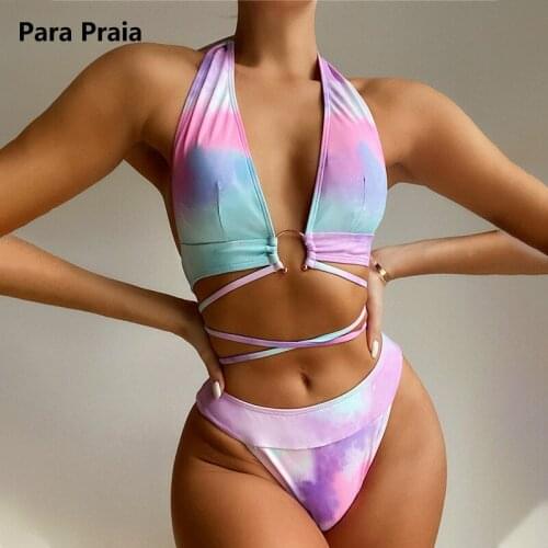Para Praia 2021 New Tie Dye Bikini High Waist Swimwear Women Swimsuit Sexy Ring Bandage Bikini Set Swimwear Halter Biquini